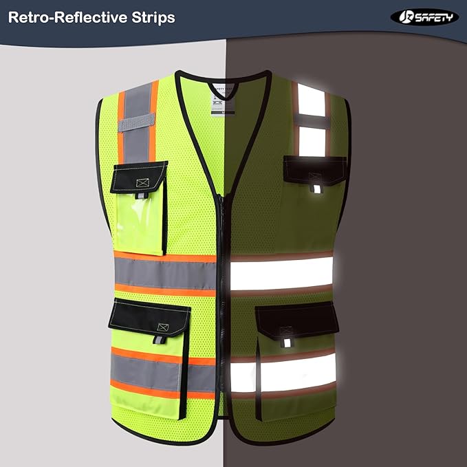 JKSafety Hi Vis Reflective Safety Vests for Men Women High Visibility Vest with Pockets Mesh Fabric Construction Safety Apparel Neon Vest for Work (220-Yellow L)