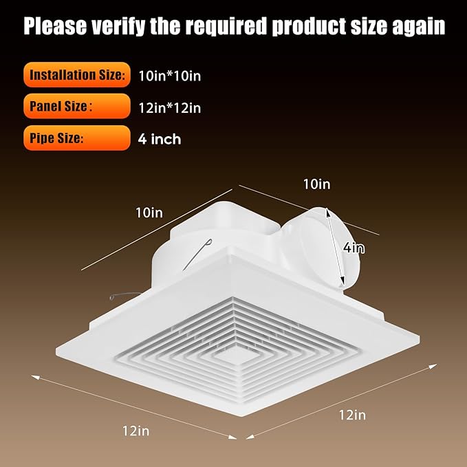 Orsong Bathroom Exhaust Fan 12" Panel Ultra Quiet without Light(10x10 Mount), 130CFM, 4" Duct for Bathroom/Garage/Home