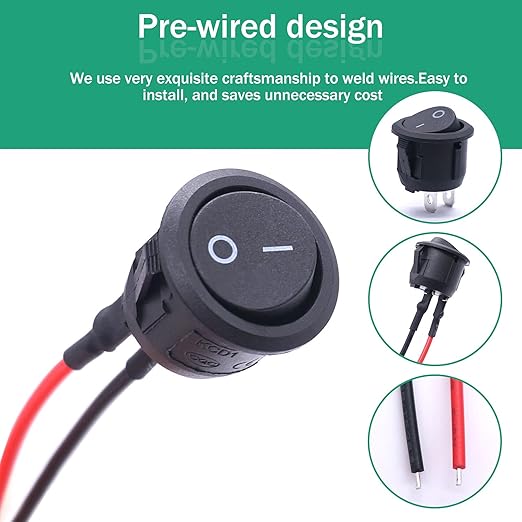 Twidec/10Pcs 12V Round Rocker Switch AC 6A/250V 10A/125V SPST 2 Pin 2 Position On/Off Toggle Switch for Car Boat Automotive RV Black with Pre-soldered Wires KCD1-X-Y