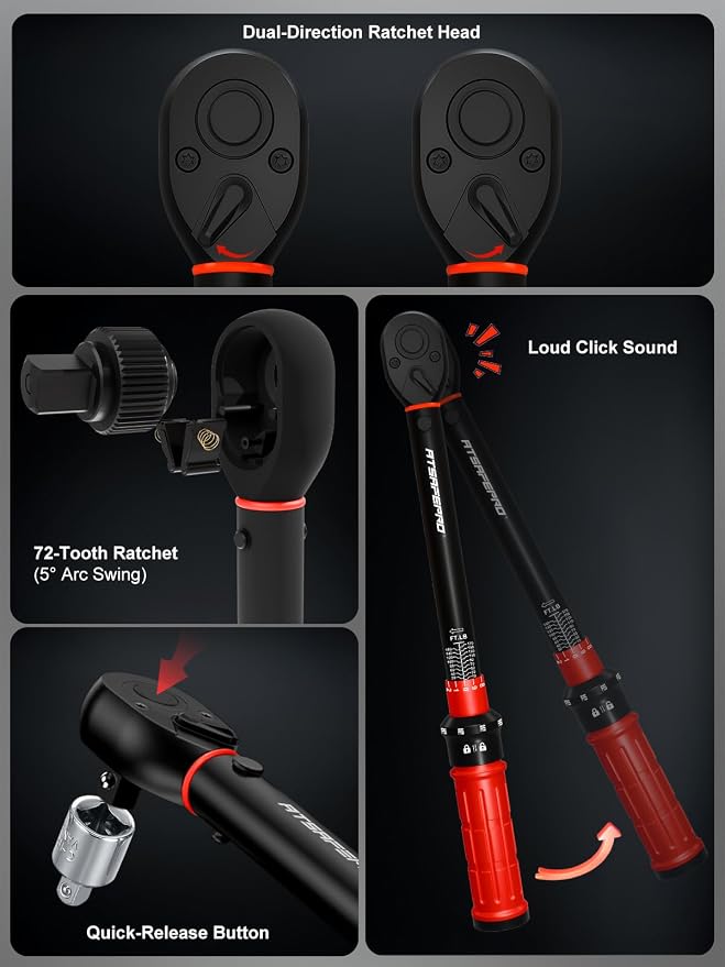 1/2 Inch Drive Click Torque Wrench, 10-170 ft.lb/13.60-230.5Nm, ±3% High Precision, Dual-Direction Adjustable 72 Tooth Click Torque Wrench 1/2 Drive for Motorcycle, Car Lug Nut Maintenance