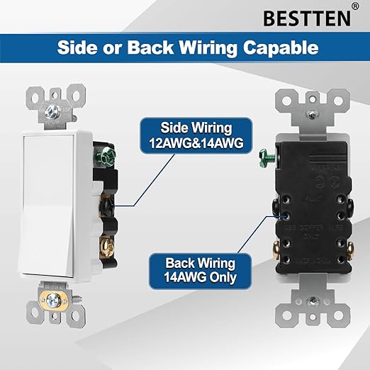 BESTTEN 10 Pack 4-Way Decorator Wall Light Switch with Wall Plate, 15A 120/277V, On/Off Paddle Rocker Interrupter, Self-Grounding, UL Listed, White