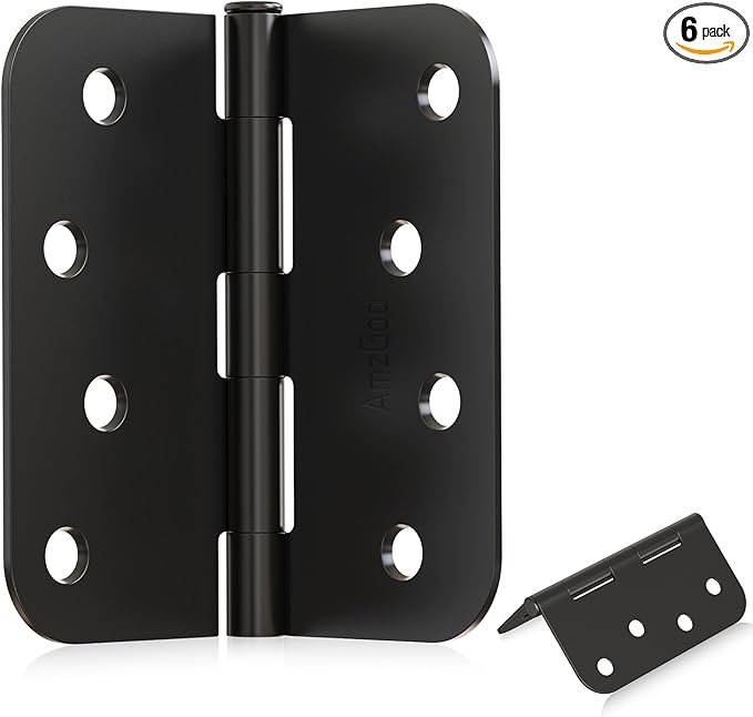 4" X 4" Black Door Hinges – 6 Pack Matte Black Door Hinges with 5/8" Radius, Rounded Interior Heavy Duty 4 Inch Black Hinge for Front and Exterior Doors