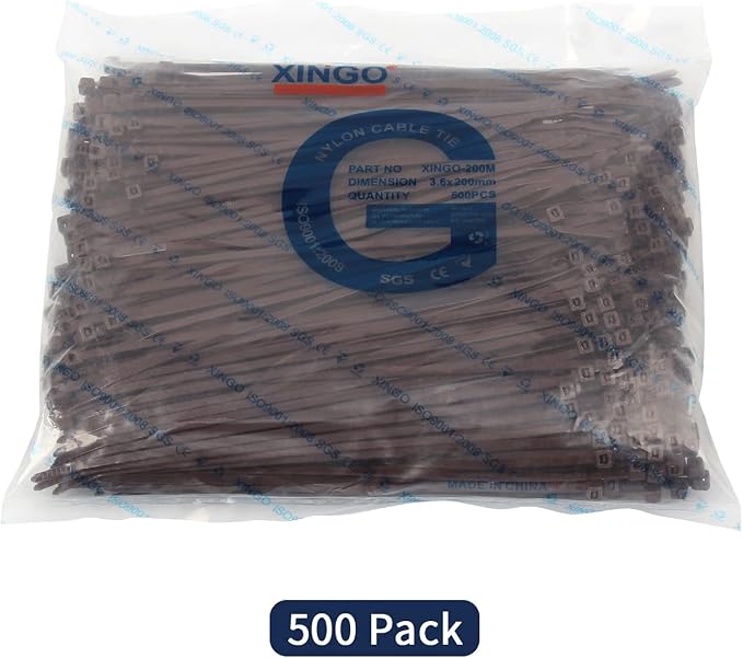 XINGO 8 Inch Brown Cable Zip Ties (500 Pack), 40 Lbs Tensile Strength-Heavy Duty, Self-Locking Nylon Plastic Nylon Wire Ties for indoor and outdoor use