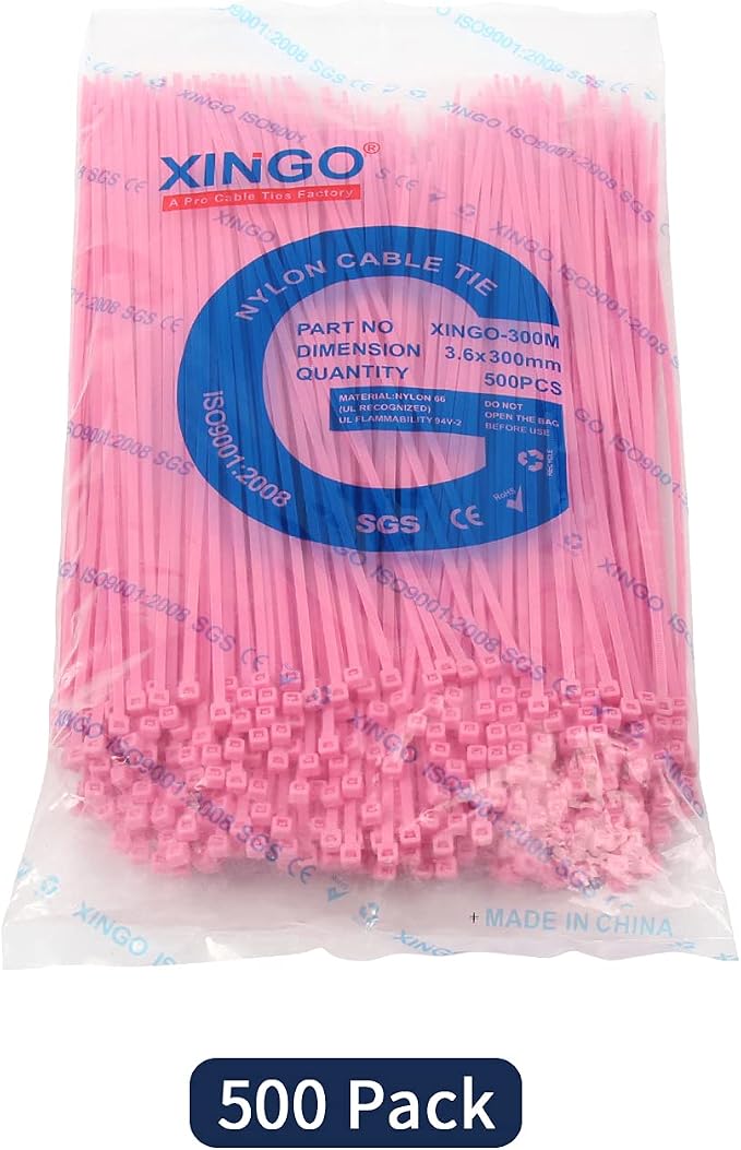 XINGO Nylon Cable Zip Ties Self Locking Plastic Wire Ties with 40 Lbs Tensile Strength for Indoor and Outdoor 12 Inch 500 Pack Pink