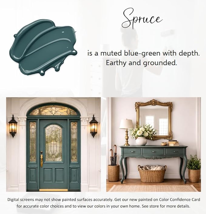 ALL-IN-ONE Paint by Heirloom Traditions, Spruce (Muted Blue Green), 8oz Sample - Durable cabinet and furniture paint. Built in primer and top coat, no sanding needed. Includes our 30 featured color