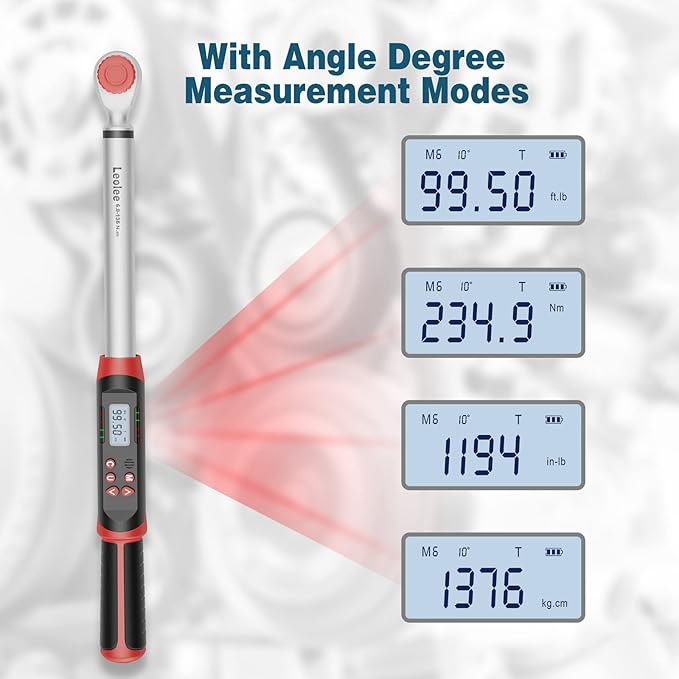 Leolee 3/8-Inch Drive Digital Torque Wrench with Angle, 5-99.5 Ft-Lb | 6.8-135Nm, ±2% Accuracy, Preset Value, Data Storage, Buzzer, LED Flash Notification, for Automotive, Motorcycle Engine Repair