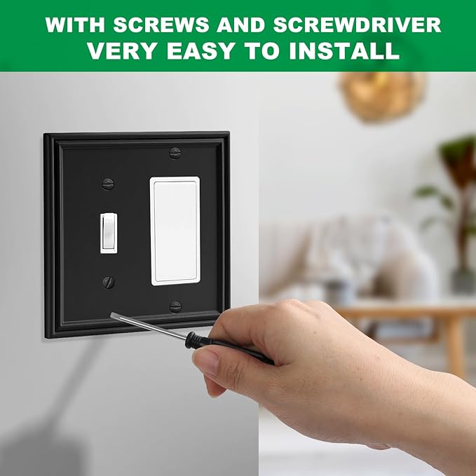 Black Modern Decorative Wall Plate Light Switch Cover Decorator Outlet Covers Rocker Switch Plates Bamboo Fiber Material Wall Plates for Kitchen Bathroom (2 Gang Toggle/Decorator-2 Pack)