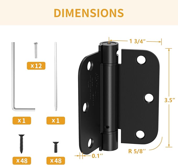 Luxbaro 6 Pack Self Closing Door Hinges 3.5 Inch, Matte Black Spring Loaded Hinges with 5/8'' Radius Corners, Adjustable Tension for Garage, Front Door, for Left and Right Hand Door, UL Listed