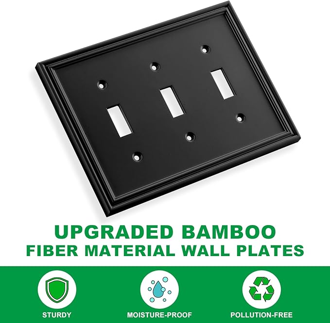 Black Modern Decorative Wall Plate Light Switch Cover Decorator Outlet Covers Rocker Switch Plates Bamboo Fiber Material Wall Plates for Kitchen Bathroom (3 Gang Triple Toggle-1 Pack)