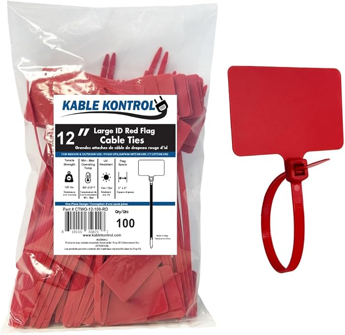 Kable Kontrol Cable Marker Identification Zip Ties 12 Inch 100 Pcs – Red | Large ID Flag Label Straps, Self-Locking Write on Tags for Ethernet, Power, and Cord Labeling