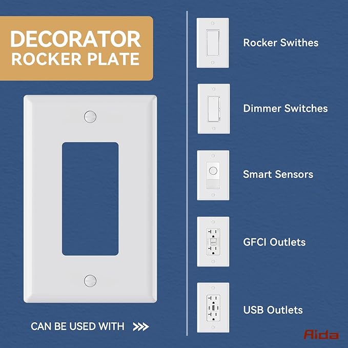 AIDA 1-Gang Midsize Light Switch Cover Plate, Decorative Outlet Covers - Glossy White, 1-Pack Unbreakable Polycarbonate Wall Plates for Decorator Device, UL Listed, 4.88" H x 3.13" L