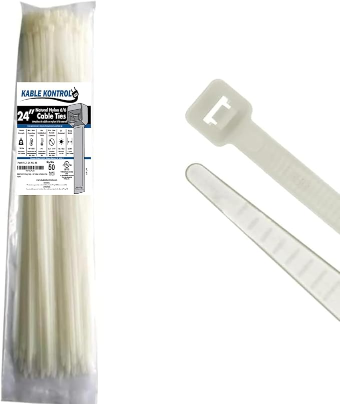 Kable Kontrol Cable Zip Ties, 24 Inch 50 Pcs, HD 175lbs Test, Natural White | Nylon Plastic, Self Locking, UL Listed, Indoor Use