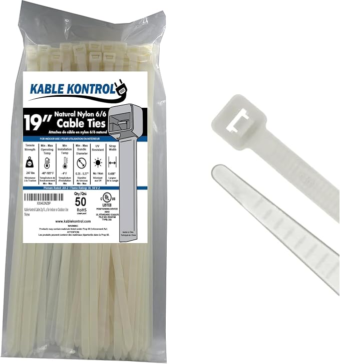 Kable Kontrol Cable Zip Ties, 19 Inch 50 Pcs, HD 250lbs Test, Natural White | Nylon Plastic, Self Locking, UL Listed, Indoor Use