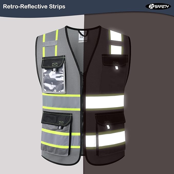 JKSafety Hi Vis Reflective Safety Vests for Men Women High Visibility Vest with Pockets Mesh Fabric Construction Safety Apparel Neon Vest for Work (220-Grey L)