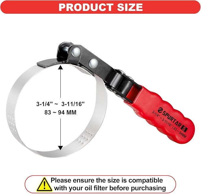 Spurtar Small Oil Filter Wrench Adjustable Swivel Oil Filter Removal Tool | Fits Filters 3-1/4" to 3-11/16" (83-94mm) for 4S Shop Auto Repair Mechanic DIY Generator Small Engine