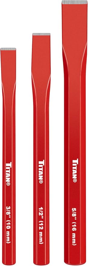 Titan 17081 3-Piece Heavy-Duty Cold Chisel Set, Includes 3/8, 5/8, & 1/2" Metal Chisels for Carpentry, Metalwork, Woodwork, & Masonry Work