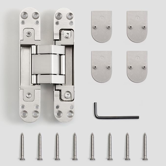 YAGU 6.5 inch 3 Way Adjustable Invisible Hinges Hidden Door Hinges Concealed Hinges Zinc Alloy 180 Degree Swing Hinge Butt Hinge 6.5 x 3.2 x 1.1 inch Matte Silver (1 Piece)