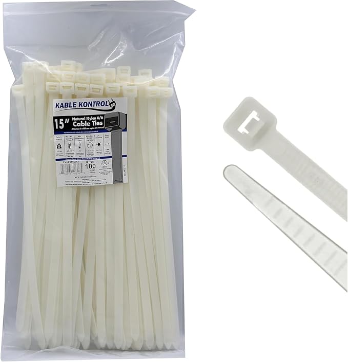 Kable Kontrol Heavy Duty Cable Zip Ties 100 Pcs 15 Inch, Natural White, 250 Lbs Tensile Strength, Self-locking Nylon Clear Plastic Wire Ties wraps for Indoor or Outdoor Use