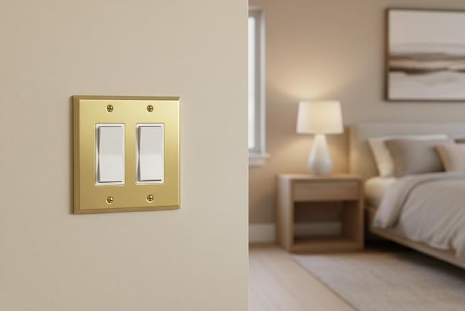 Rio Salto BRASS Brushed Gold Metal Double Rocker Decorator — Outlet Covers Light Switch Cover Switch Plate — Deco Collection Decorative Brass Wall Plates 5-Pack Standard Size 4.50" X 4.56"