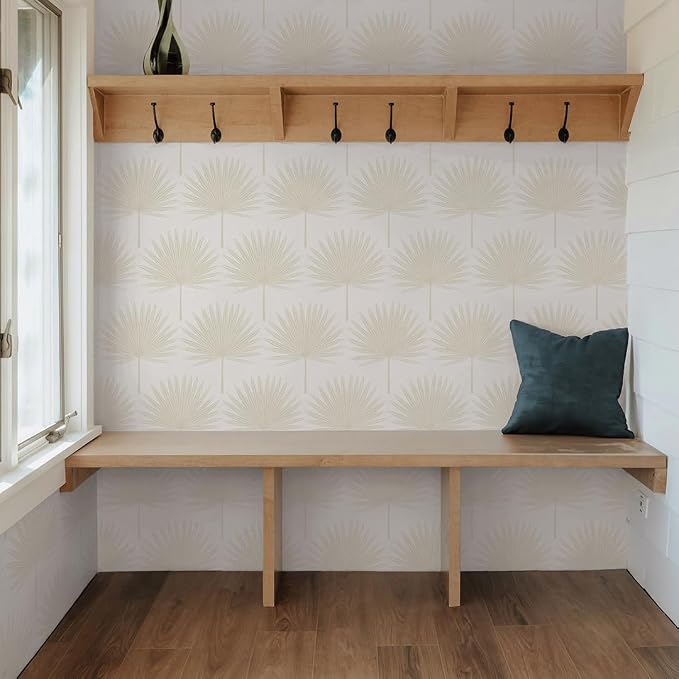 Tempaper Sandstone & Off-White Stamped Palm Removable Peel and Stick Boho Wallpaper, 20.5 in X 16.5 ft, Made in The USA