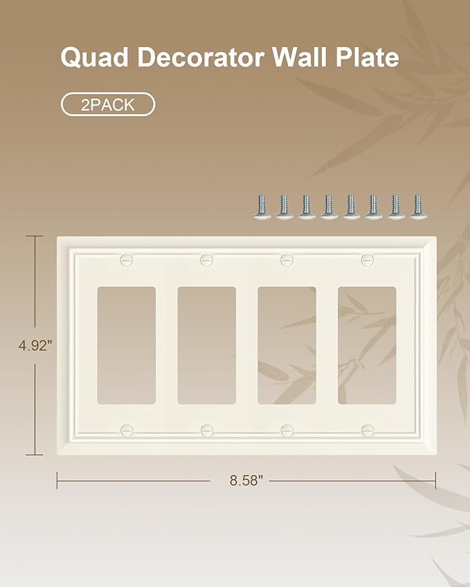 2-Pack Quad Decorator Wall Plate, Light Almond Decorative Switch Plates and Outlet Covers, Natural Bamboo Fiber 4 Gang Wall Plate for Electrical Outlets, Receptacle, GFCI Outlet, Dimmer Switch