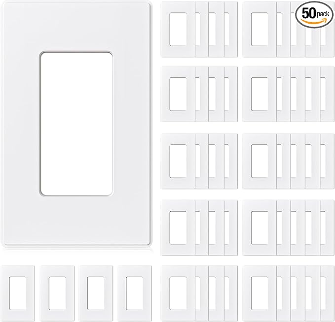 AIDA 1-Gang Screwless Light Switch Cover Plate, Standard Decorative Outlet Covers - Matte White, 50-Pack Unbreakable Polycarbonate Wall Plates for Decorator Device, UL Listed, 4.5" H x 2.75" L