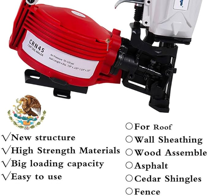 Mexican Style CN45N Roofing Nailer, 15 Degree Roofing Nail Gun, 3/4-Inch to 1-3/4-Inch Coil Nails, 120-pcs Load Capacity Coil Nailer