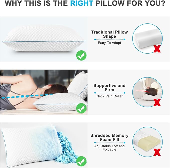 VVZ Cooling Bed Pillows King Size Set of 2, Shredded Memory Foam Pillows for Side Back Stomach Sleepers, Luxury Cool Gel Adjustable Firm Bed Pillows for Sleeping 2 Pack King Size 20 x 36 Inches