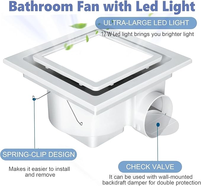 Nalle Ventilation Fans Bathroom Exhaust Fan with Light 9.6 inch Panel 6000K 12W Square LED 112 CFM 1.0 Sones 4 Inch Duct 110V Quiet Ceiling Mount Exhaust Fan for Shower,Bathroom,Office,Home (FFL-200)