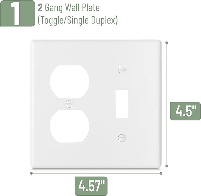 Bates- 2-Gang Combination Wall Plate, 4.57"x 4.50"/Standard Size, White, Toggle Light Switch/Duplex Receptacle Outlet, 2 Gang Wall Plate for Electrical Outlets, Double Outlet Cover Plate