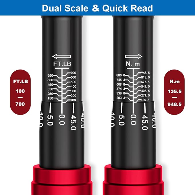 3/4-Inch Drive Click Torque Wrench, 100-700ft.lb/135.5-948.5Nm | Heavy Duty Torque Wrench, ±3% Accuracy, Dual-Direction Adjustable, 48-Tooth, for Oil Rigs, Truck & Tractor Maintenance