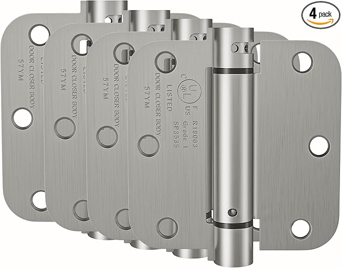 HOSOM 4 Pack Brushed Nickel Self Closing Door Hinges, 3.5 Inch 5/8'' Radius Corners Spring Door Hinge, Adjustable Tension for Garage, Front Door, Back Door, UL Listed, for Left and Right Hand Door