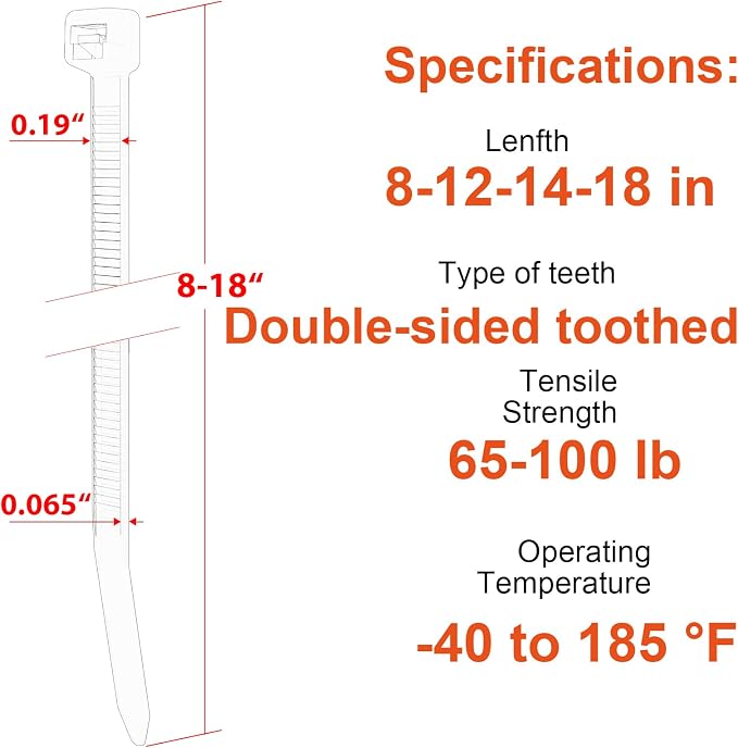 Zip Ties Assorted Size,8+12+14+18 Inch Double Sided Toothed,100 LBS Tensile Strength Heavy Duty Cable Wire Ties With Self-Locking Adjustable More Durable Nylon Tie Wraps for Indoor Outdoor（400 Pack）