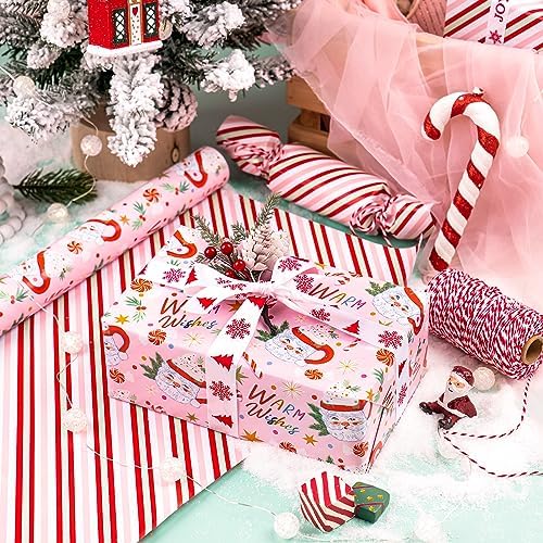 WRAPAHOLIC 30 Inch Jumbo Reversible Christmas Wrapping Paper - 30 Inch x 100 Feet Jumbo Roll Santa Claus Cup and Stripe Wrapping Paper for Chrsitmas, Holiday, Party Celebration