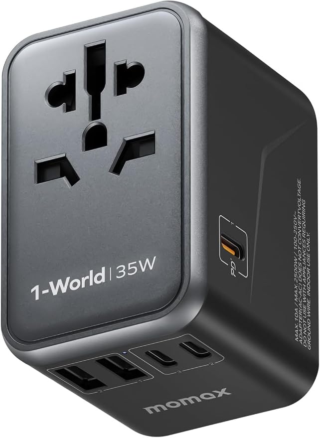 MOMAX Universal Travel Adapter, PD 35W Fast International Power Adapter, 3 USB C & 2 USB A, Worldwide Travel Plug Adapter, International Power Adapter for Europe, USA, Japan, Australia (Type C/A/G/I)
