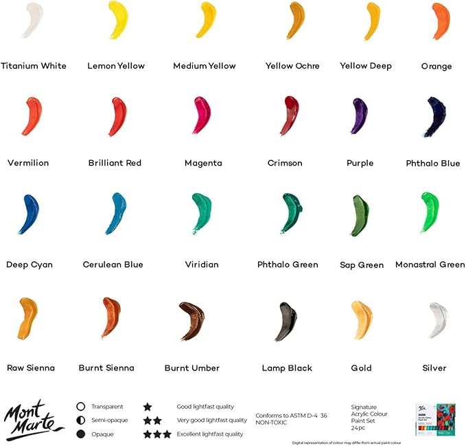Mont Marte Acrylic Paint Set 24 Colours 36ml 2 PACK, Perfect for Canvas, Wood, Fabric, Leather, Cardboard, Paper, MDF and Crafts
