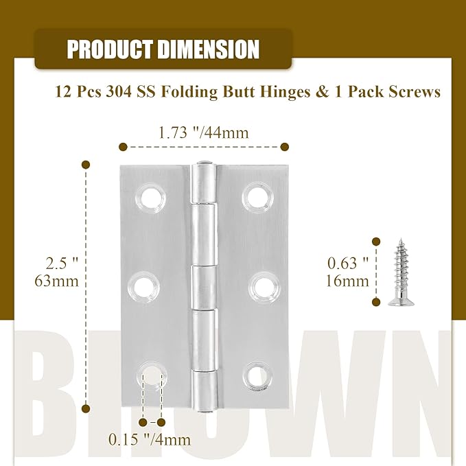 12pcs 2.5 Inch Butt Hinges, Stainless Steel Cabinet Hinges, Small Door Hinges Window Hinge, Folding Box Hinges for Jewelry, Wooden, Chest Box (Chrome)