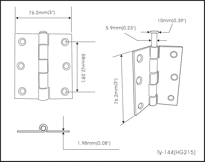 QCAA Square Door Butt Hinge, Heavy Gauge, Swaged, Loose Pin, 3"x3"x2.0mm, Brass Plated, Made in Taiwan, 4 Pack