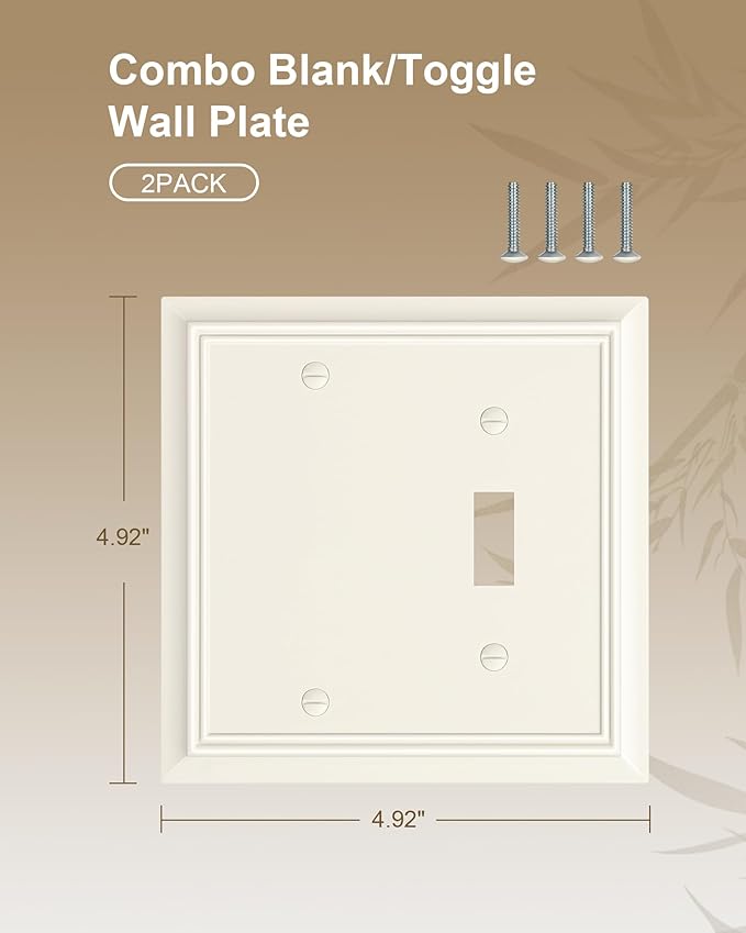 2-Pack Combo Blank/Toggle Light Switch Cover Plate, Light Almond Modern Decorative Electrical Outlet Covers, Bamboo Fiber Wall Switch Plates and Outlet Covers