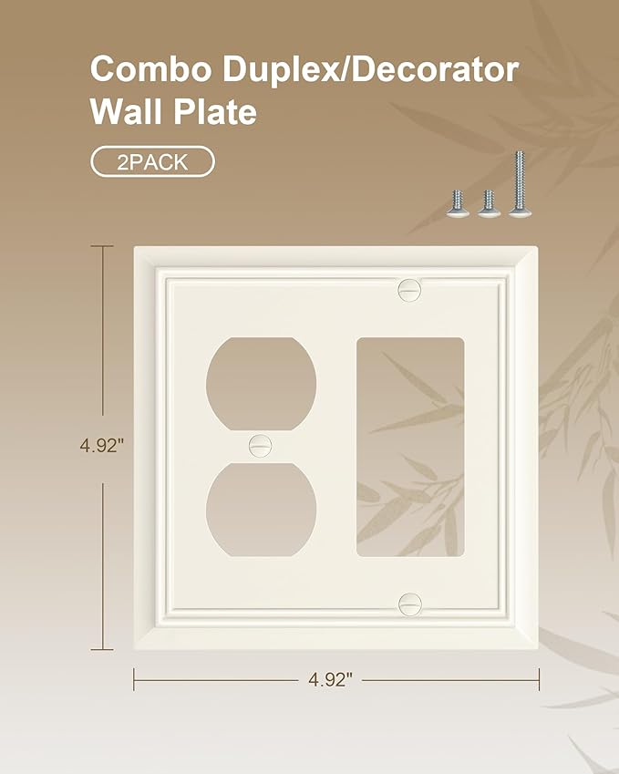 2-Pack Combo Duplex/Decorator Outlet Cover Plate, Light Almond Decorative Switch Plates Covers, Durable Natural Bamboo Fiber Wall Plates for Electrical Outlets, Receptacle, GFCI Outlet, Dimmer Switch