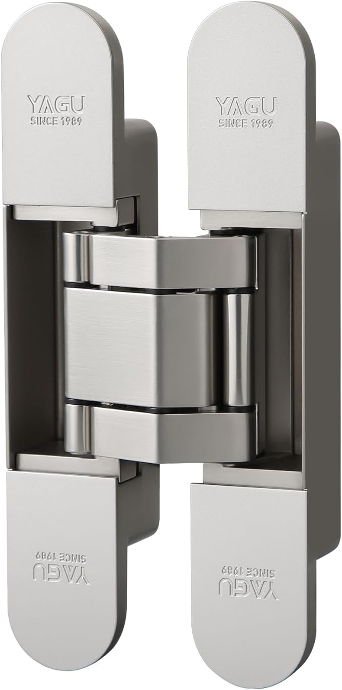 YAGU 6.5 inch 3 Way Adjustable Invisible Hinges Hidden Door Hinges Concealed Hinges Zinc Alloy 180 Degree Swing Hinge Butt Hinge 6.5 x 3.2 x 1.1 inch Matte Silver (1 Piece)