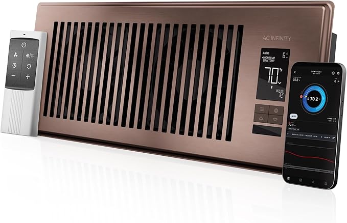 AC Infinity AIRTAP T4 Bronze, Register Booster Fan for 4” x 12” Vents, Thermostat Control Improves Heating & Cooling, Quiet 10-Speed Remote Control & Bluetooth App. ONLY FITS 4” x 12” Duct Openings