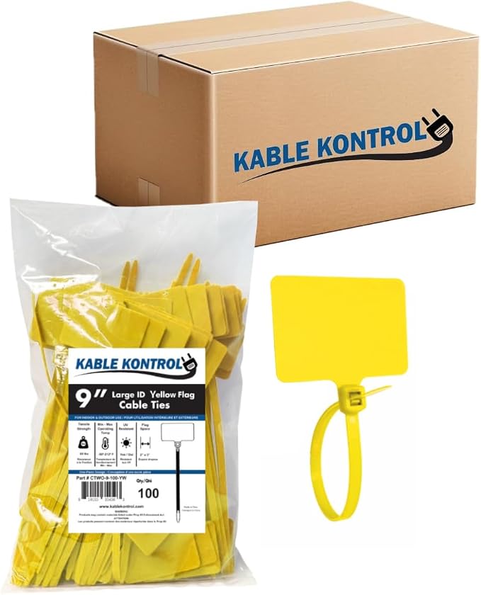 Kable Kontrol Cable Marker Identification Zip Ties 9 Inch 1000 Pcs – Yellow | Large ID Flag Label Straps, Self-Locking Write on Tags for Ethernet, Power, and Cord Labeling