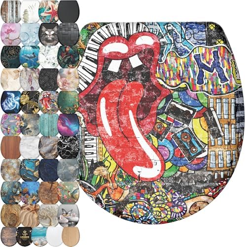 Sanilo Wooden Toilet Seat with Quick Release & Soft Close [ROUND] - Decorative & Slow Close Molded Wood Seat - With One Click for Easy Installation & Cleaning - With Adjustable Fit (Graffiti)