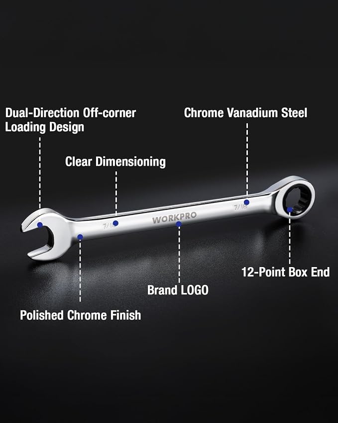 WORKPRO 7/16" Ratcheting Combination Wrench, Mirror Polish Chrome Plating (Pack of 2)