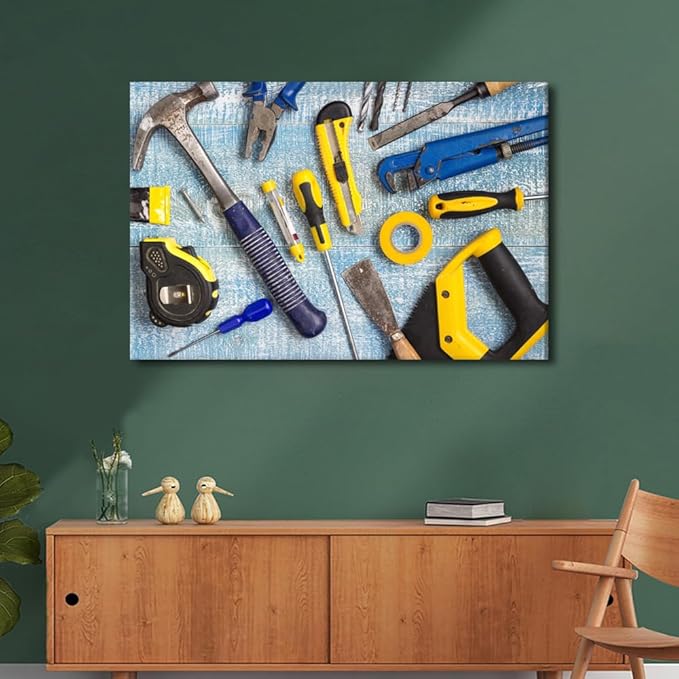 Large Wall Art for Living Room Repairman Maintenance and Housework Project Tools on Workshop Desk Top View Poster, Canvas Supermarket Hotel Tool Room Hardware Store Wall Decor 1 Panels (24"Wx36"H)