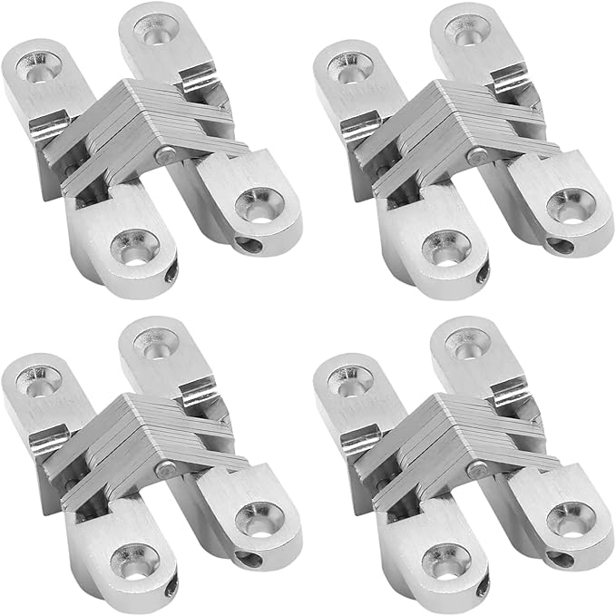 Hidden Gate Hinge 2-3/8" Stainless Steel 180 Degree Invisible Cross Hinges for Kitchen Cabinet Door Frameless Concealed Hinge with Screws, 4pcs