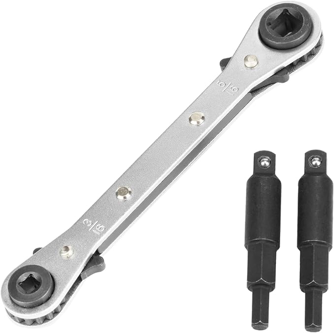 HVAC Service Wrench, Refrigeration Wrench With 2 Pcs HVAC Hexagon Bit Adapter, Premium AC Tools for HVAC, Refrigeration Equipment Repair (3/16”, 1/4”, 5/16”, 3/8”)