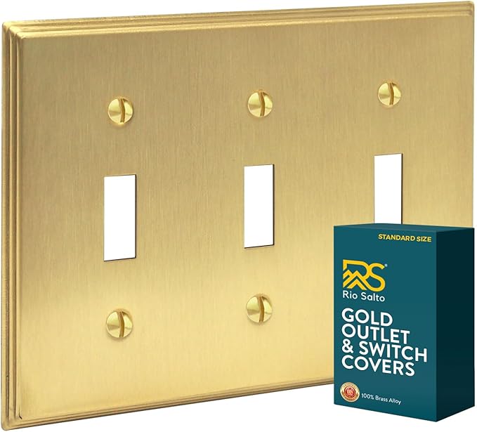 Rio Salto BRASS Toggle Light Switch Cover Plate 3-Gang Toggle Switch Plate Brushed Gold Metal Outlet Covers Decorative Wall Plate — Deco Collection 6.33" X 4.50"