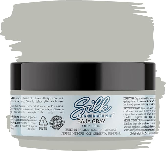 Dixie Belle Silk All-in-One Mineral Paint - Baja Gray (4oz) - Light Gray Water Based Built-In Primer + Topcoat for Wood + Metal - Durable Furniture Paint - Low Reflective Finish
